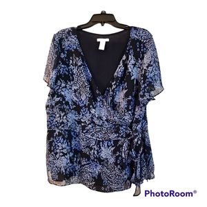 Covington mock wrap blouse with side zipper, blue, 22W